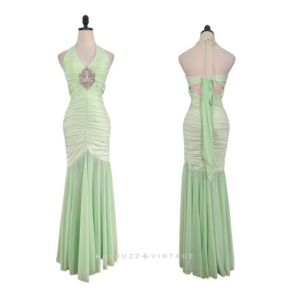 Vintage Cache Prom Dress Maxi Gown 8 Green Y2K Mermaid Fairy Halter Glam Empire